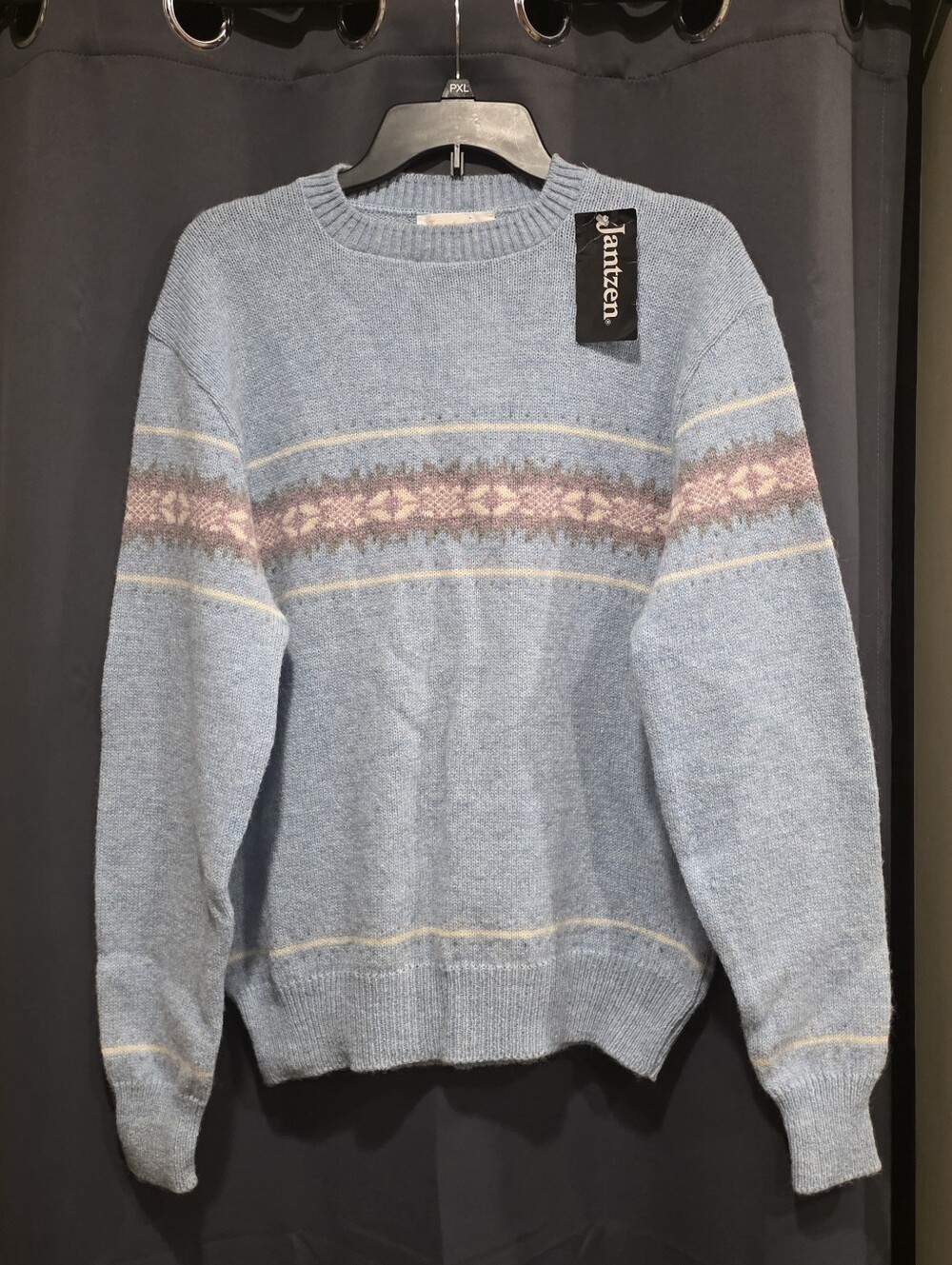 NWT Ytg 80s Jantzen Light Blue Wool Crewneck Sweater Fair Isle Stripe Large